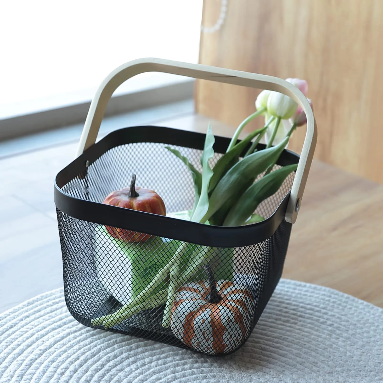 The Better Home Metal Mesh Fruit Basket With Wooden Handle | Kitchen Basket For Storage | Vegetable Basket For Kitchen | Multi-Purpose Basket- Black