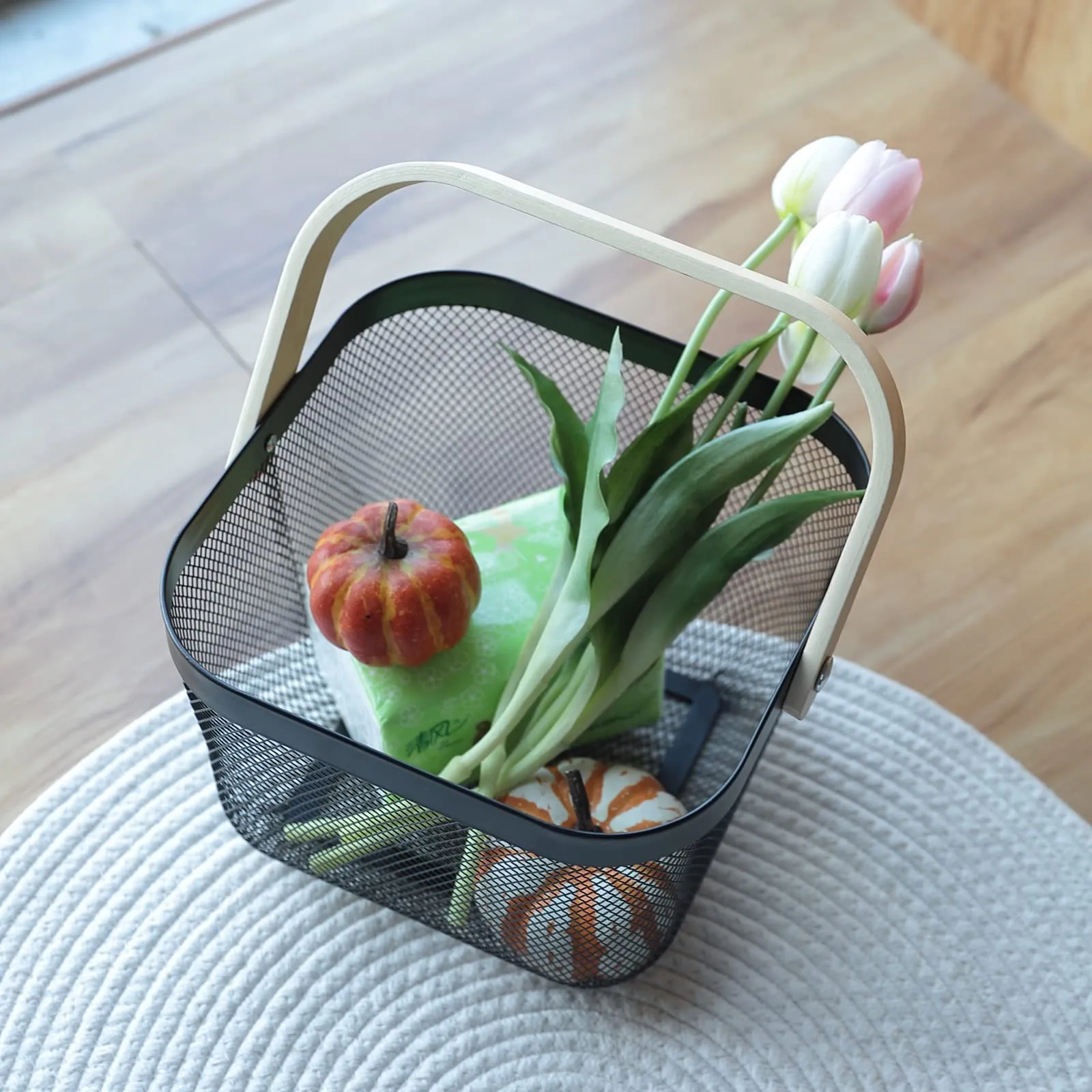 The Better Home Metal Mesh Fruit Basket With Wooden Handle | Kitchen Basket For Storage | Vegetable Basket For Kitchen | Multi-Purpose Basket- Black