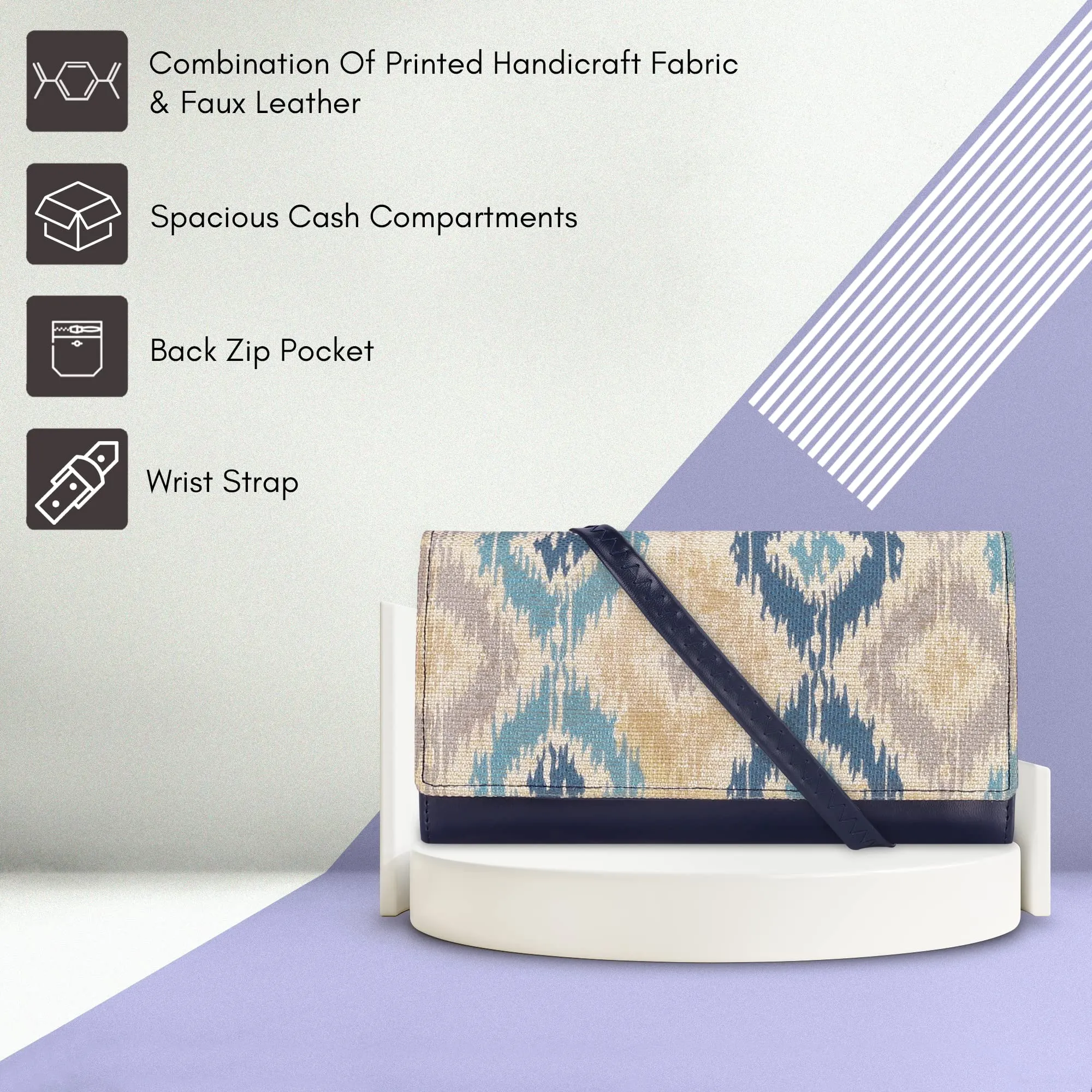 THE CLOWNFISH Jolene Printed Handicraft Fabric & Vegan Leather Ladies Wallet Purse Sling Bag with Multiple Card Slots & Shoulder Belt (Pearl with Patola Design)