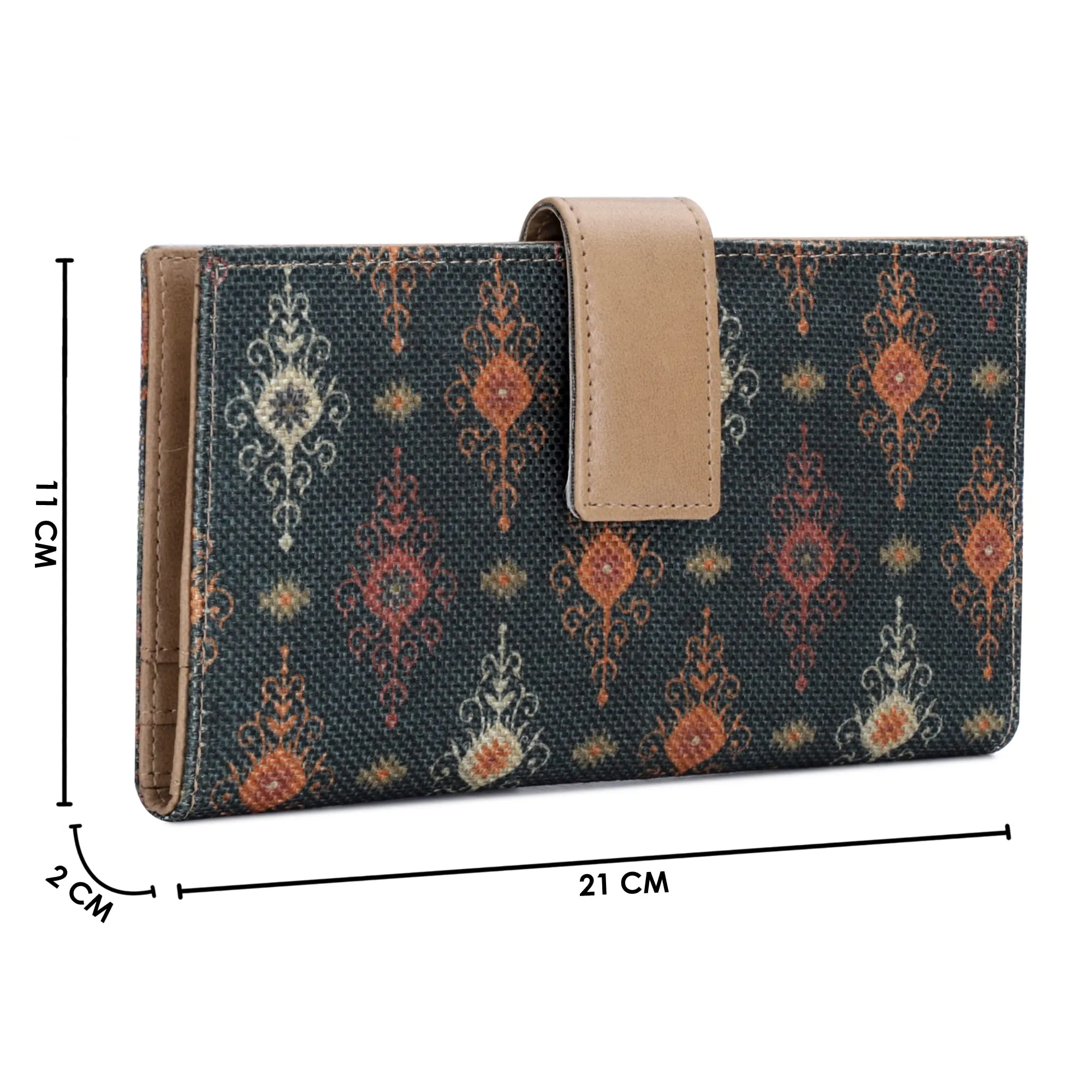 THE CLOWNFISH Orlanda Collection Printed Handicraft Fabric Womens Wallet Clutch Ladies Purse with Multiple Card holders (Green)