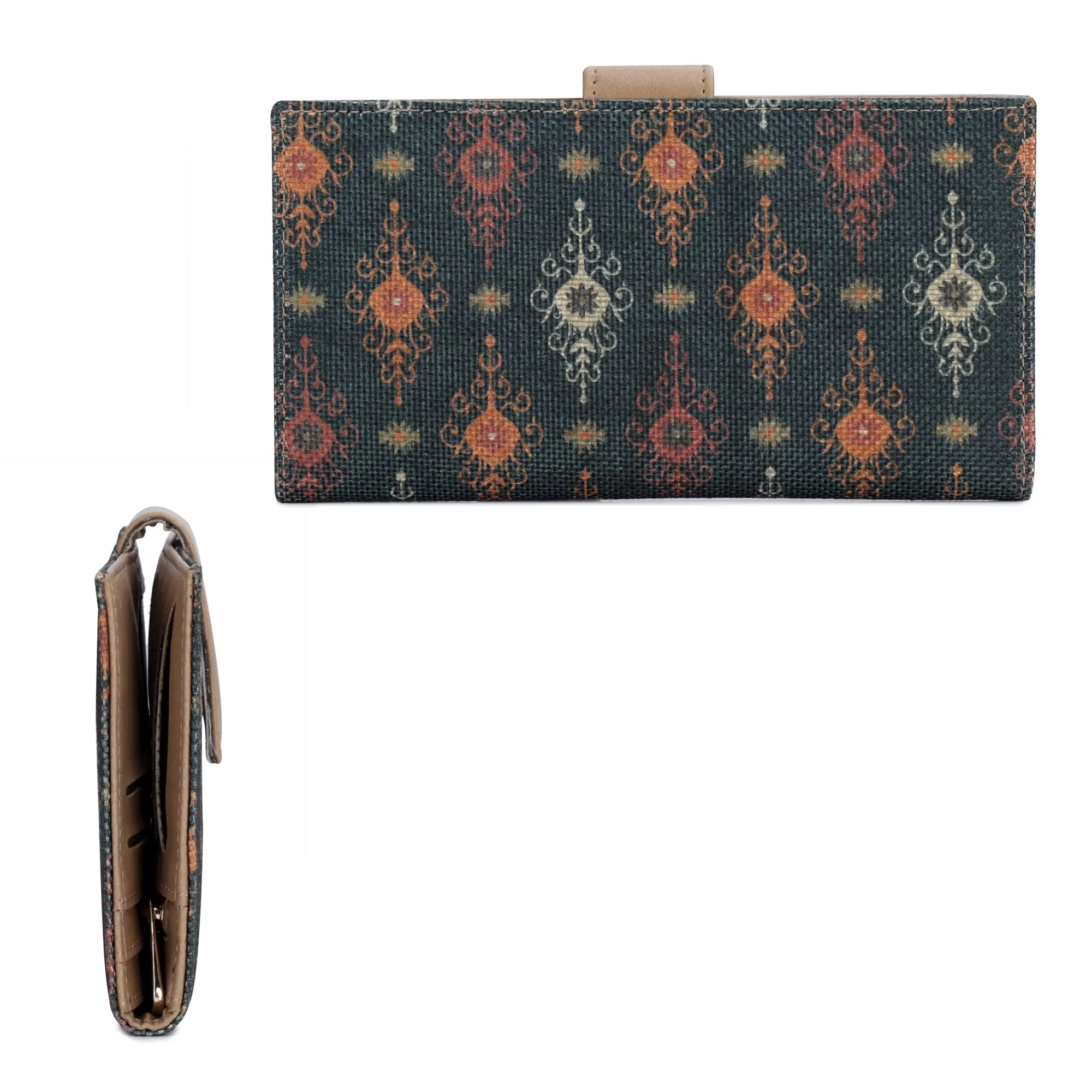 THE CLOWNFISH Orlanda Collection Printed Handicraft Fabric Womens Wallet Clutch Ladies Purse with Multiple Card holders (Green)