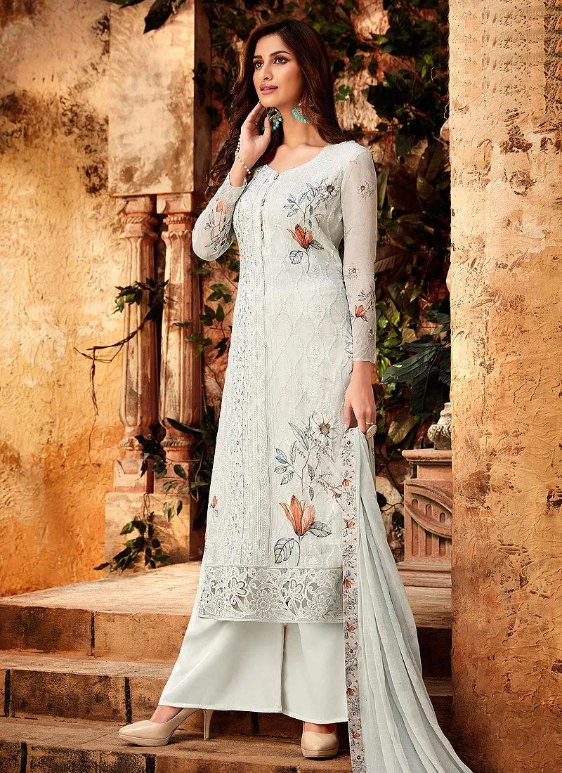 White Overall Multi Embroidered And Printed Designer Palazzo Suit