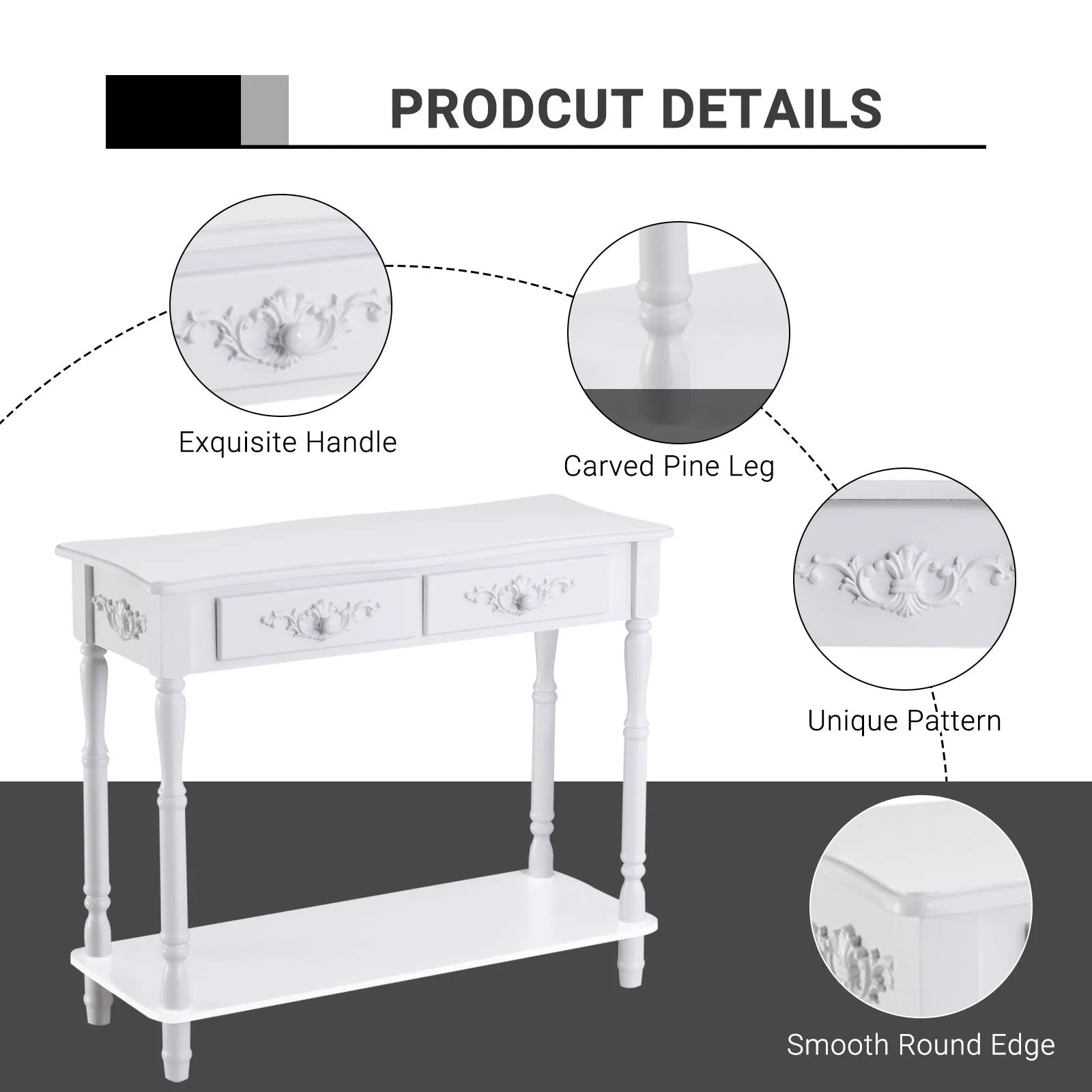 Wooden Console Table with Storage Shelf Two Drawers for Entryway White