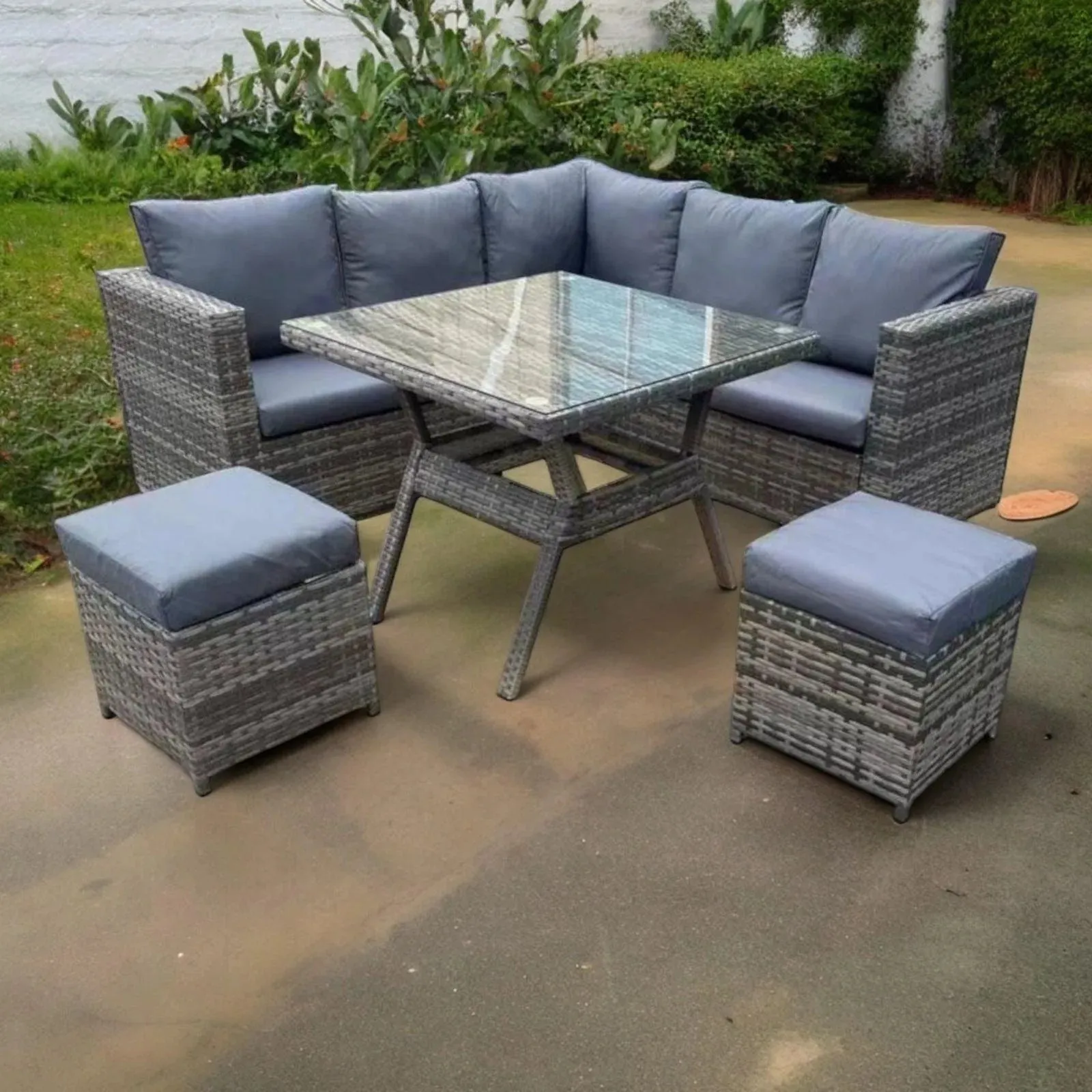 Wooden Twist Terrace Modular Design Weather Resistant Wicker Conversation Rattan & Steel 5 Pieces Outdoor Furniture Set With Six Cushions