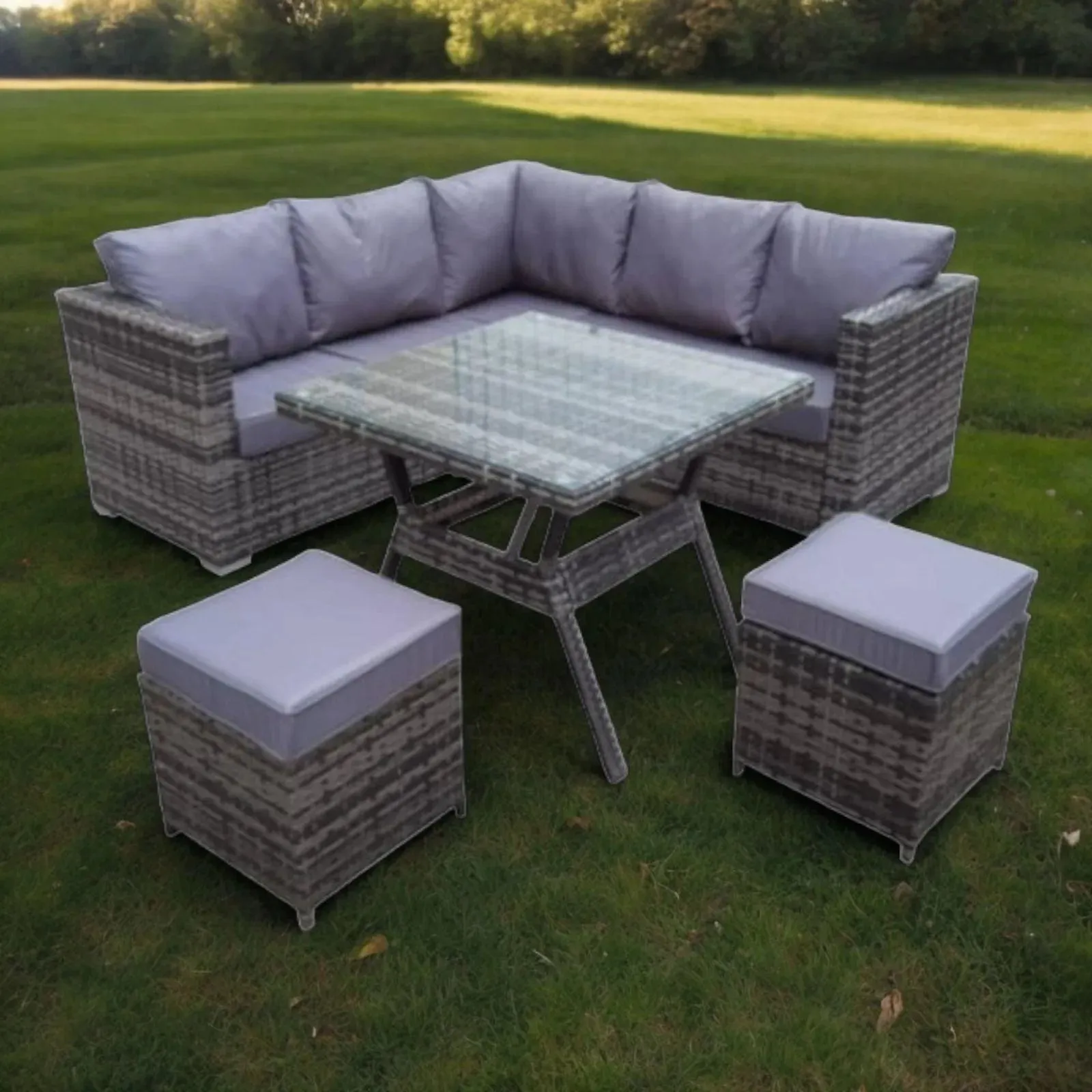 Wooden Twist Terrace Modular Design Weather Resistant Wicker Conversation Rattan & Steel 5 Pieces Outdoor Furniture Set With Six Cushions
