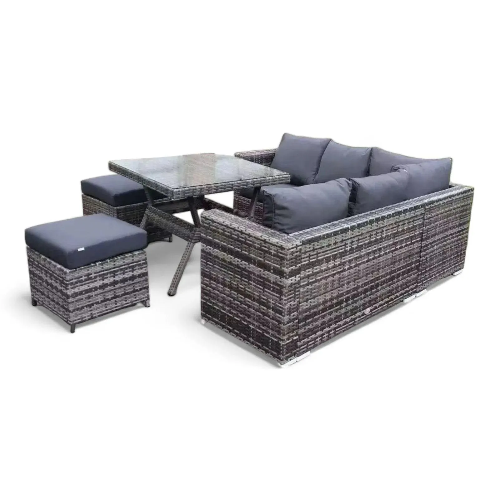Wooden Twist Terrace Modular Design Weather Resistant Wicker Conversation Rattan & Steel 5 Pieces Outdoor Furniture Set With Six Cushions