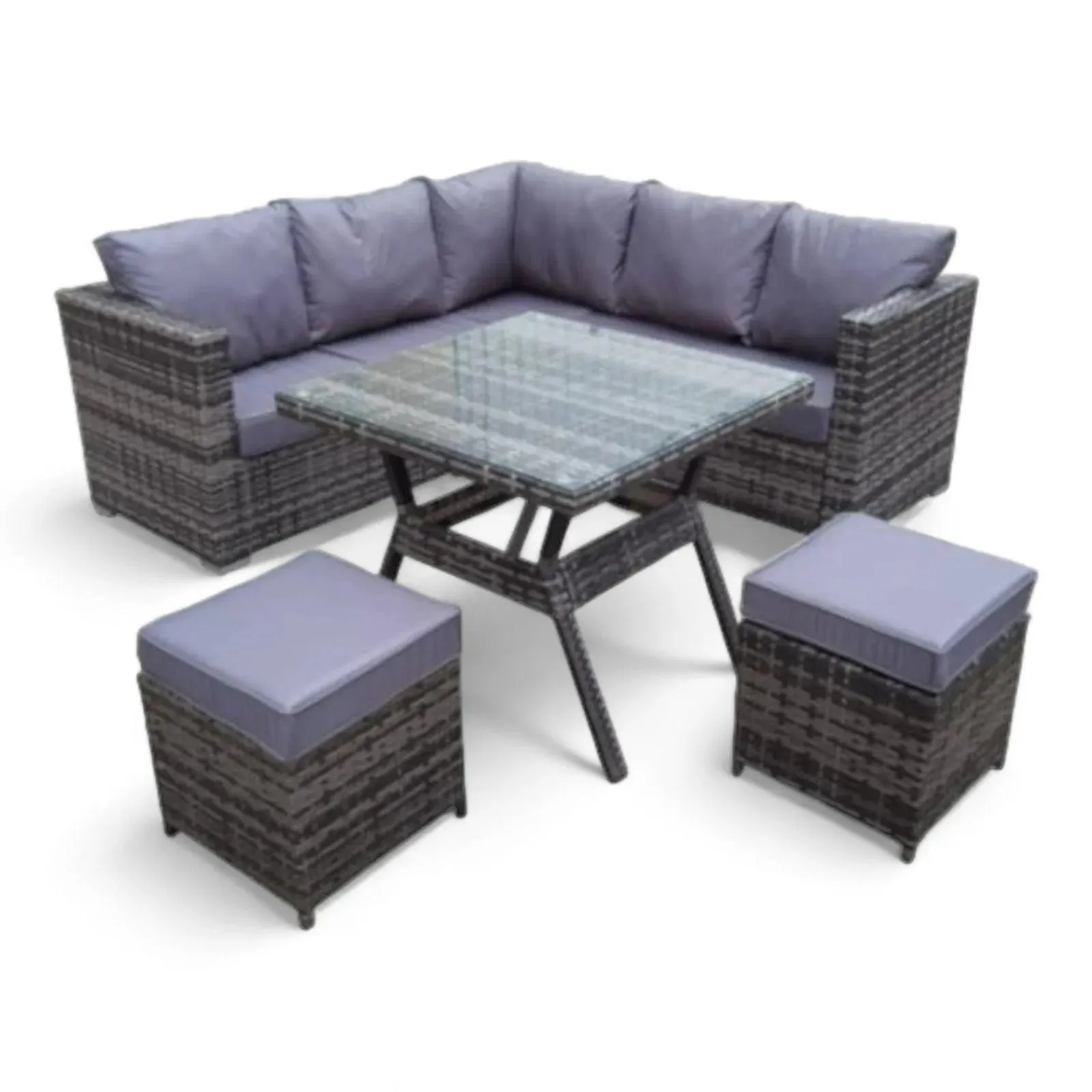 Wooden Twist Terrace Modular Design Weather Resistant Wicker Conversation Rattan & Steel 5 Pieces Outdoor Furniture Set With Six Cushions