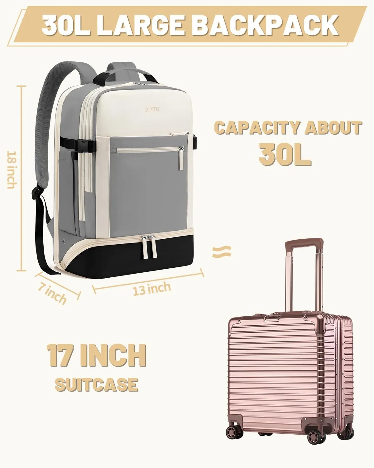 ZOMFELT Carry on Backpack for Women, Flight Approved Travel Backpack with Shoes Compartment, Personal Item Bag with 17.3inch Laptop Pocket, Large Casual Daypack for Overnight, Travel, Hiking